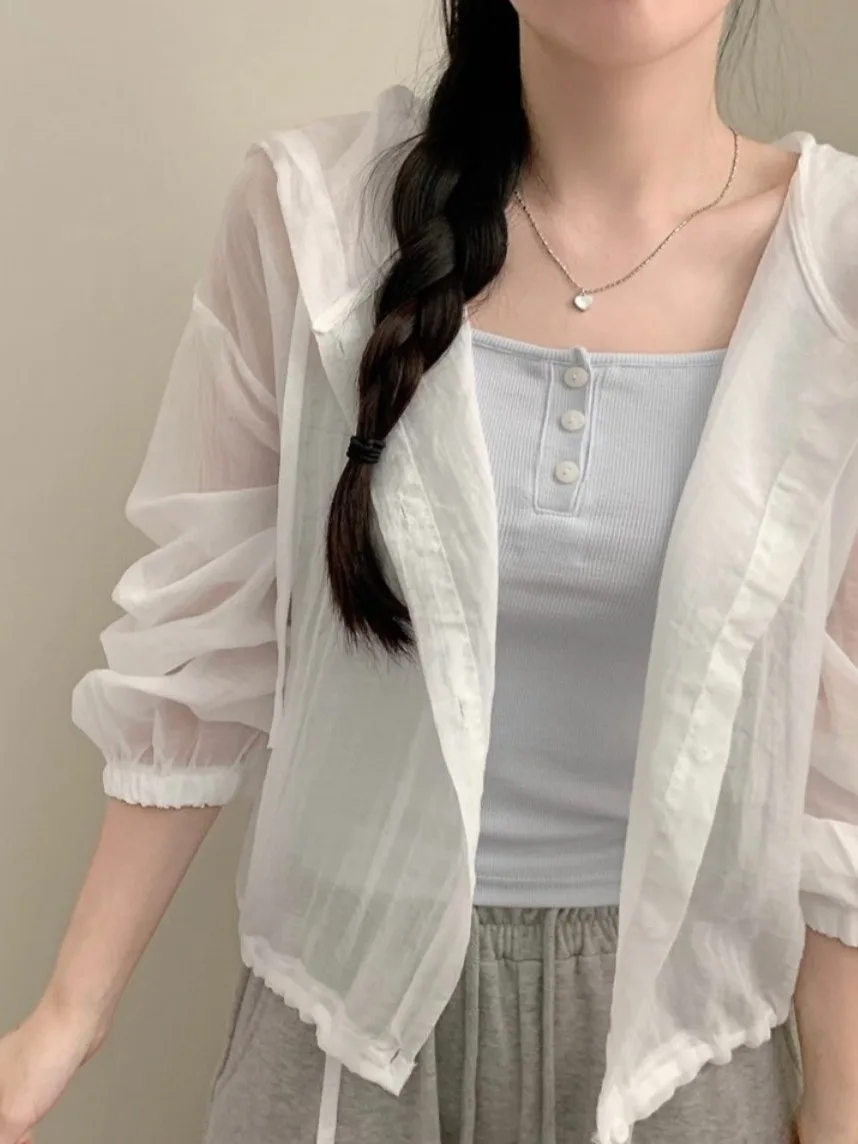 

Korean Sle Single Button Long Sve ort Outerwear Women's Summer New Thin Chiffon Hat Coat Ele Quali Top