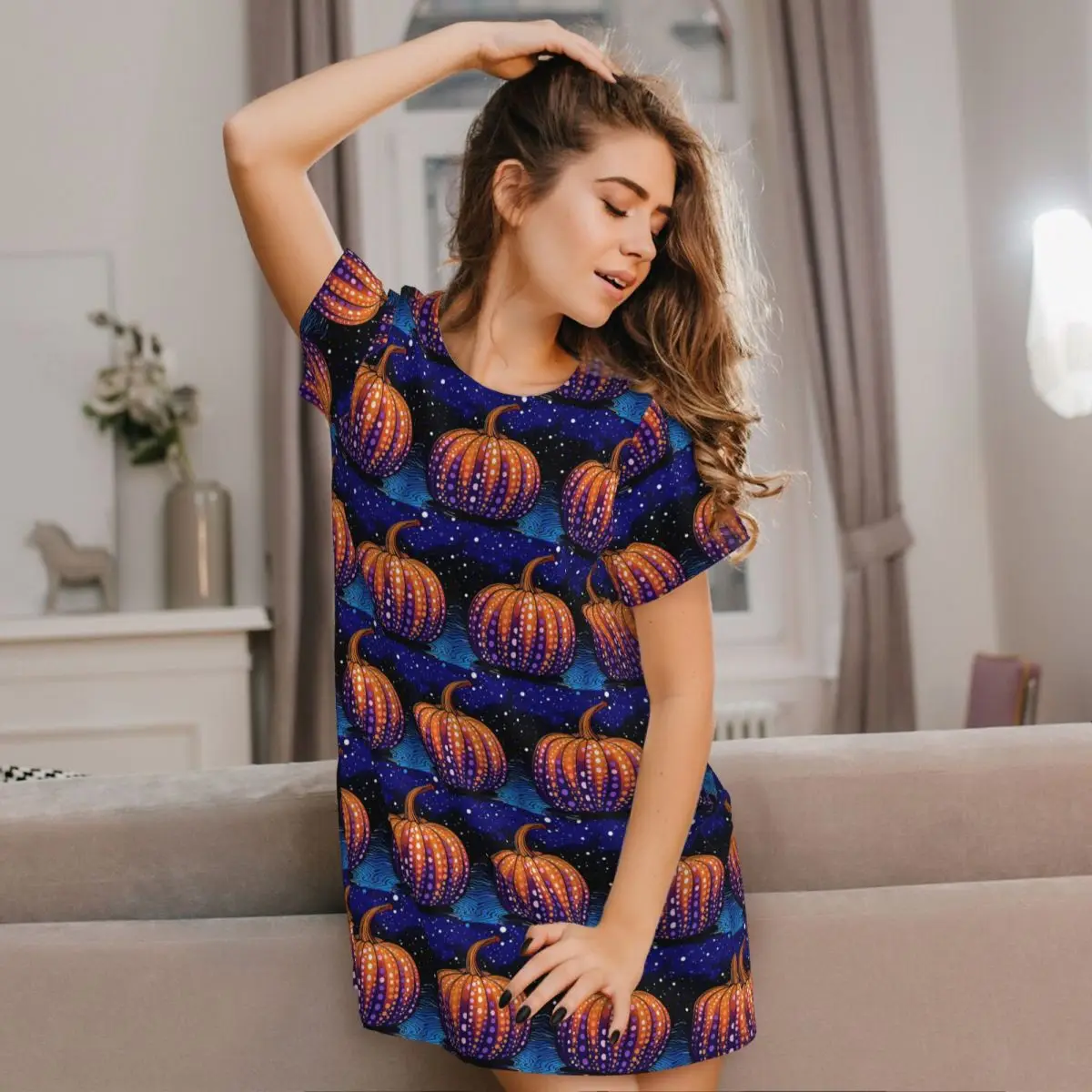 Custom Yayoi Kusama Polka Pumpkin Short Sleeves Nightdress For Sleepshirts Women Short Sleeve Nightgowns Soft Pajama Dress