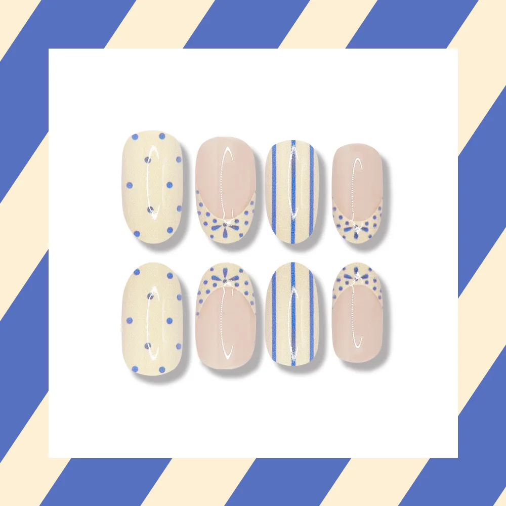24 stuks Franse blauwe stip gestreepte vla basis glanzende afwerking druk op nagel kunstmatige nep nagel naadloze verwijderbare valse nagel