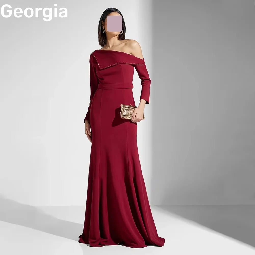 ปรับแต่งชุดราตรี ชุดราตรีทรงเมอร์เมดแบบไหล่เดียว ชุดสำหรับงานพิธีการ แขนยาว ซิปด้านหลัง ชุดราตรีงานพรอม ยาวกรอมพื้น ประดับด้วยลูกปัด