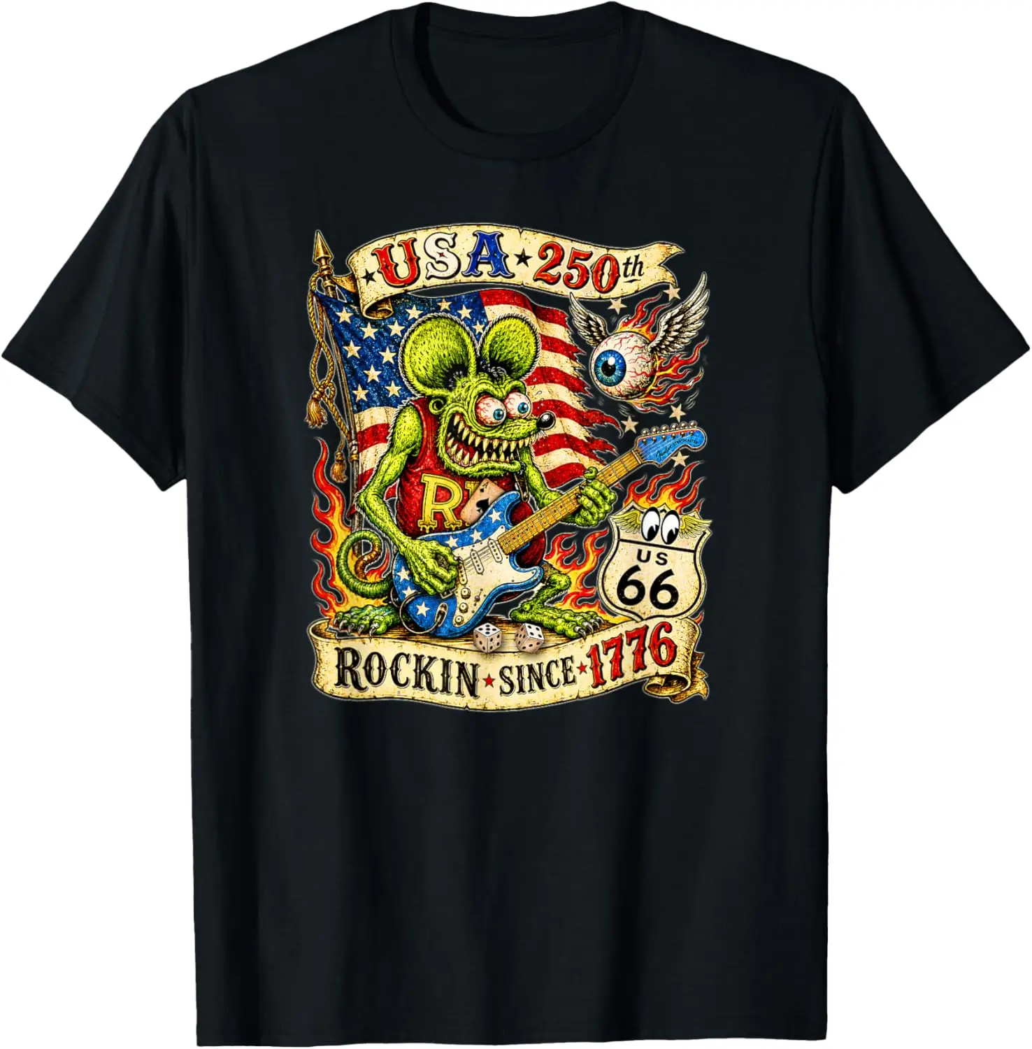 USA 250Th Rat Fink US Highway 66 Guitar Flag Dice Ace Retro T-Shirt 100% Cotton Trendy Y2K Short-Sleeve Tee – Soft,
