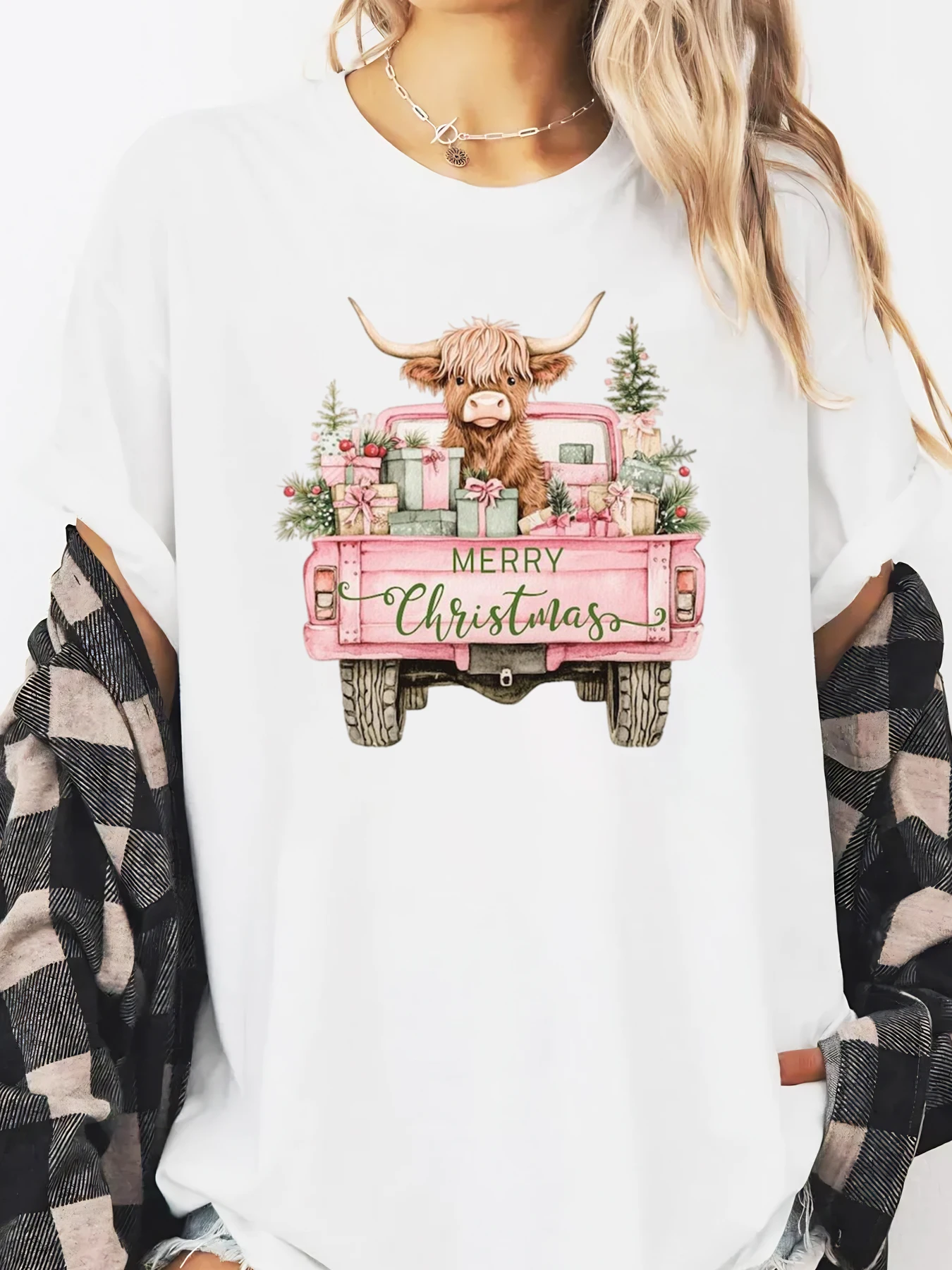Pink Truck mit Stier und Geschenken, langärmliges T-Shirt mit Frohe Weihnachten-Aufdruck für Damen, lässige Urlaubskleidung, Weiß, Übergröße