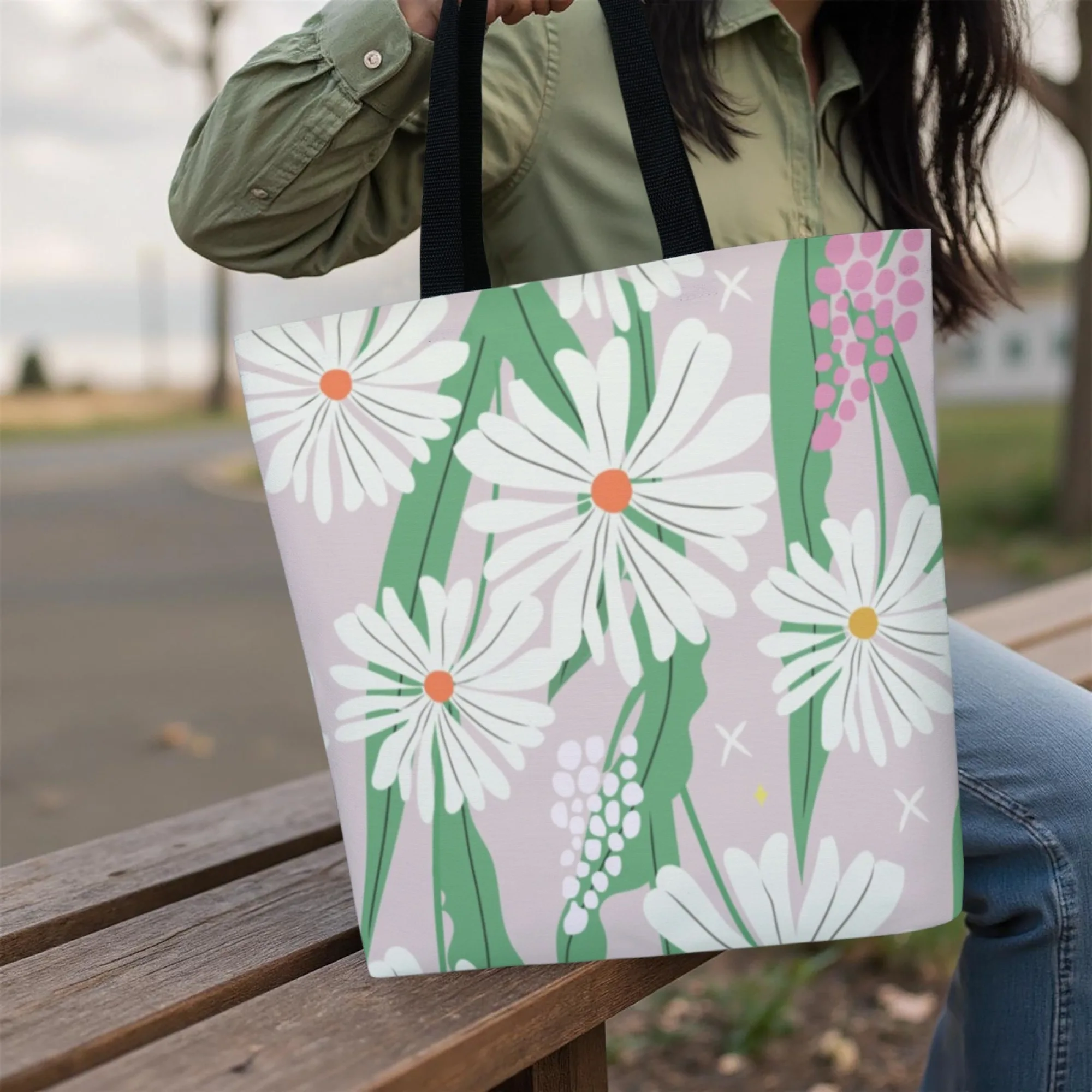 Korean Fresh Floral Trend Canvas Tote Bag Pink Daisy Print Bag for Women Perfect for Nature Enthusiasts Daily Commute & Street