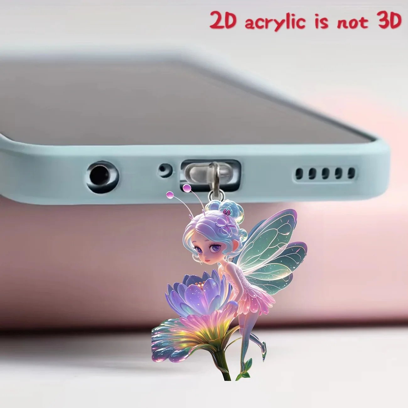 2d acrílico plano anjo fada gato telefone poeira plug acessórios decorativos para iphone tipo-c interface poeira plug pendurado decoração