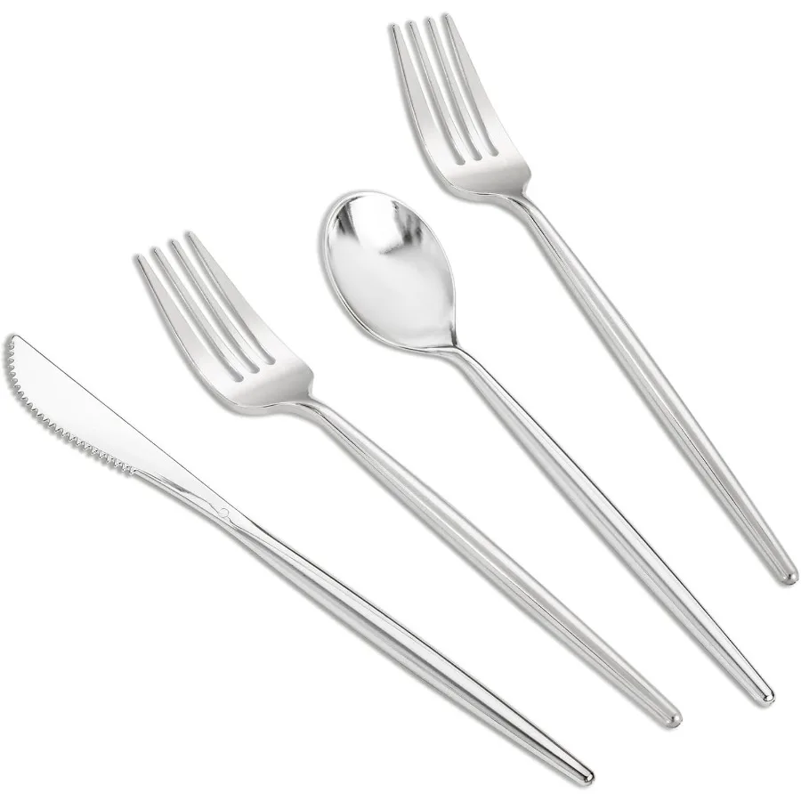 

300 шт. серебряные пластиковые столовые приборы, набор столовых приборов включает 100 пластиковых вилок, 100 ложок, 100 ножей, сверхпрочные столовые приборы для вечеринок