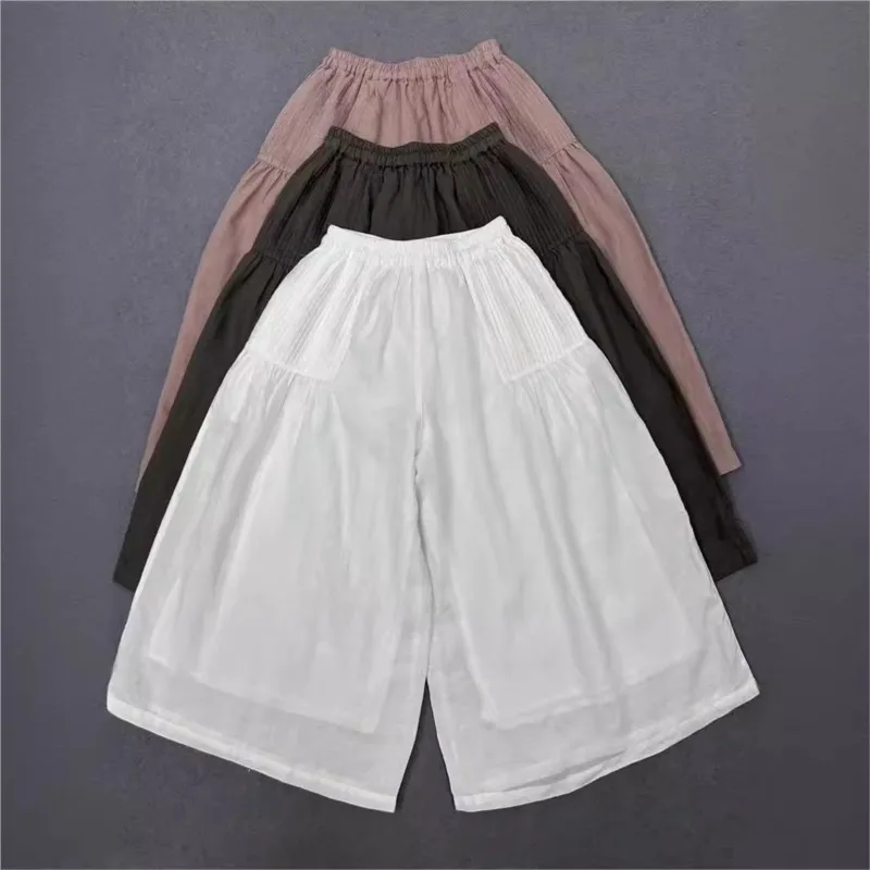 

Johnature New Casual Vintage Linen Pleated Drawstring Loose Women Cropped Pants 2024 Summer Mori Elastic Waist Wide Leg Pants