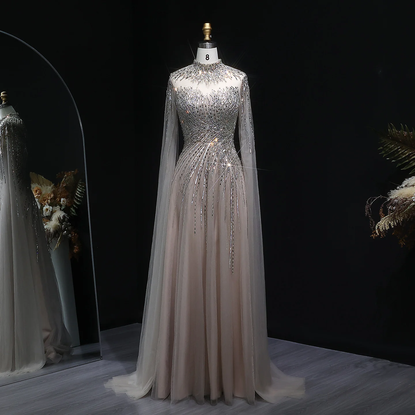 Sharon Said Elegantes Luxuriöses Perlenbesetztes Abendkleid mit Hohem Kragen, Cape-Ärmeln, Tüll-Ballkleid, Partykleid für Damen SS134 Maßanfertigung – Detail 12