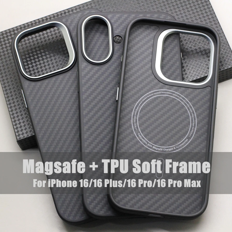 Genuine Carbon Fiber Magsafe Case for iPhone 16 Pro Max 15Pro Aramid Fiber TPU Soft Frame Armor Shockproof Magnetic Back Cover