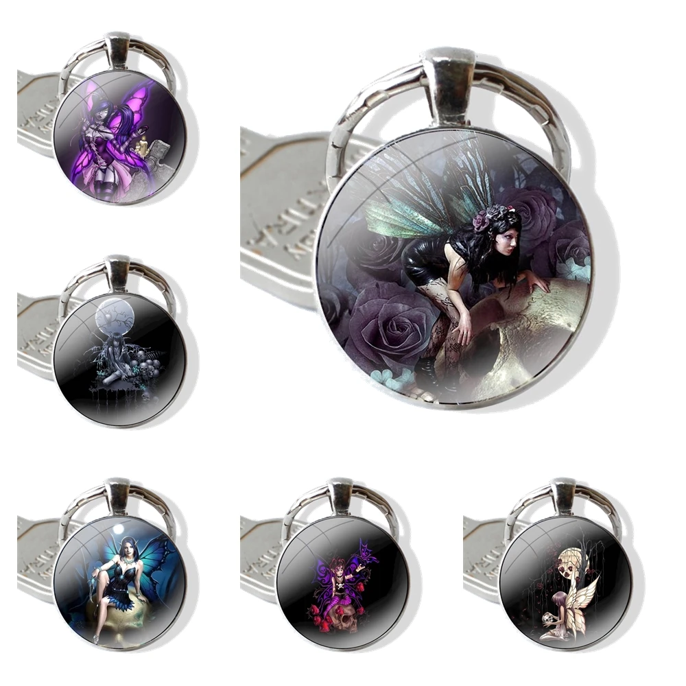 Gothic Skull Fairy Keychain Handmade Glass Cabochon Key Ring Holder Pendant Key Chains