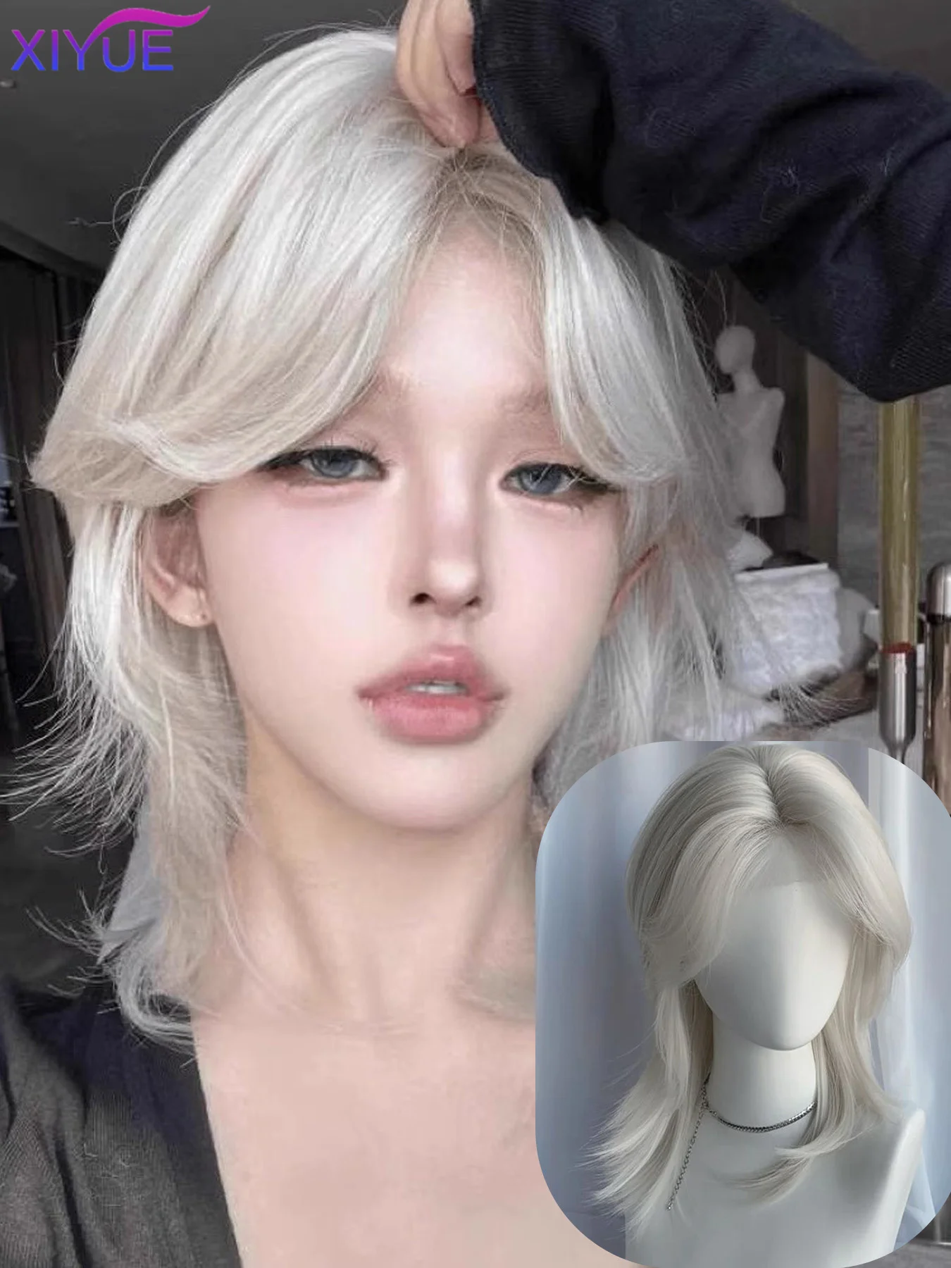 Lolita Synthetic Wig Forehead Lace Wolf Tail Short Curly Hair White Gold Layering Daily Fluffy Wig Full Head Unisex Daily Hallow