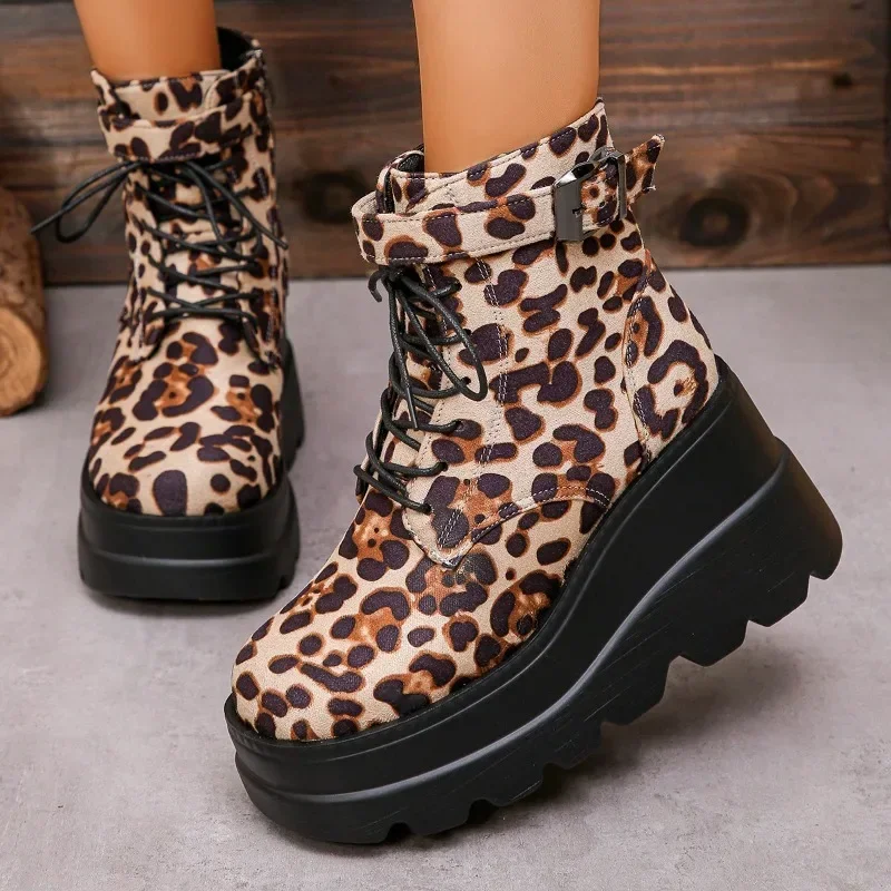 Women's Shoes 2024 Plus Size Ankle Women's Boots Platform Modern Boots Women Leopard Side Zip Front Lace-up Wedges Shoes Women