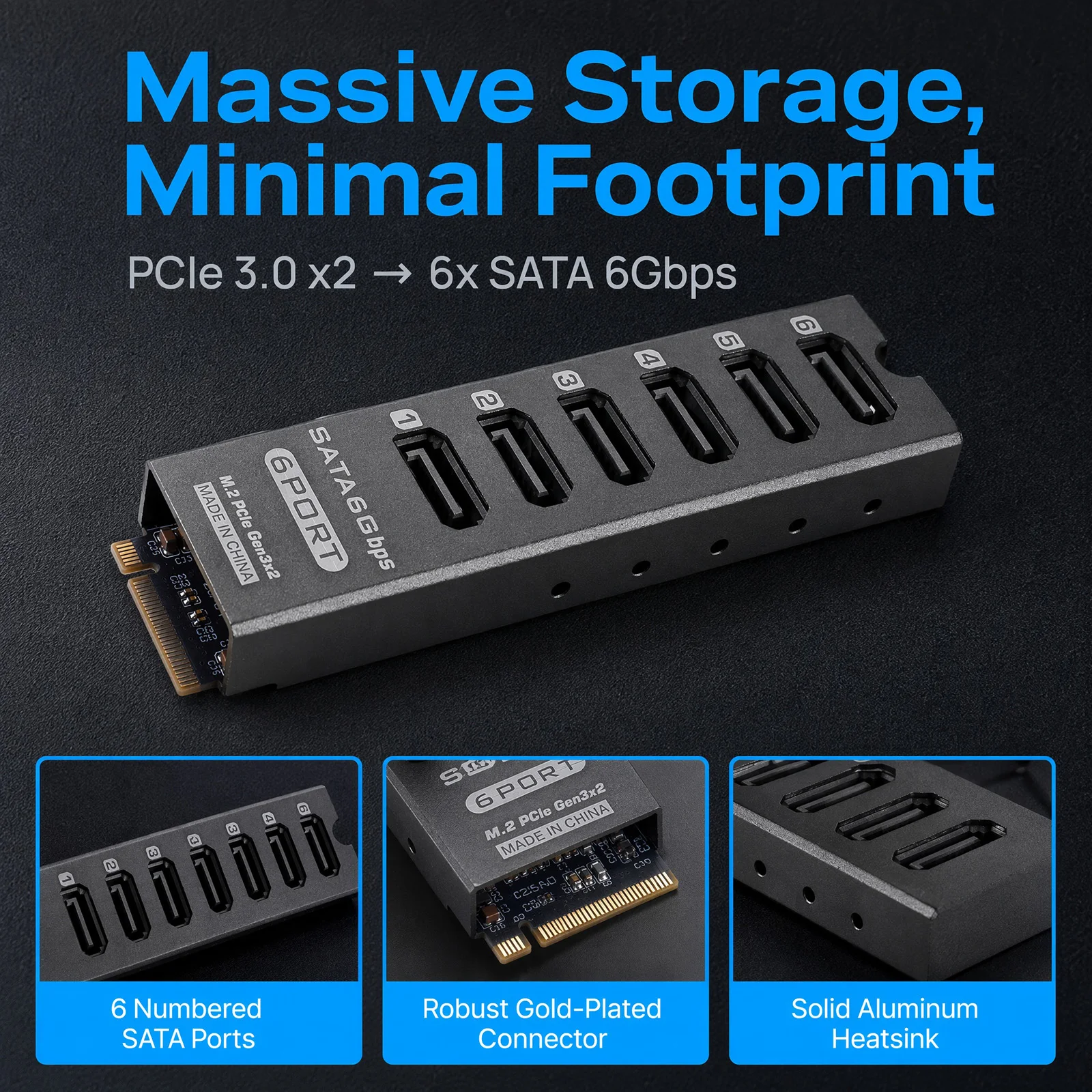 6 Port SATA 6Gbps PCIe 3.0 Expansion Card ASM1166 NAS HDD SSD Port Multiplier Support Aluminum Alloy Storage Controller