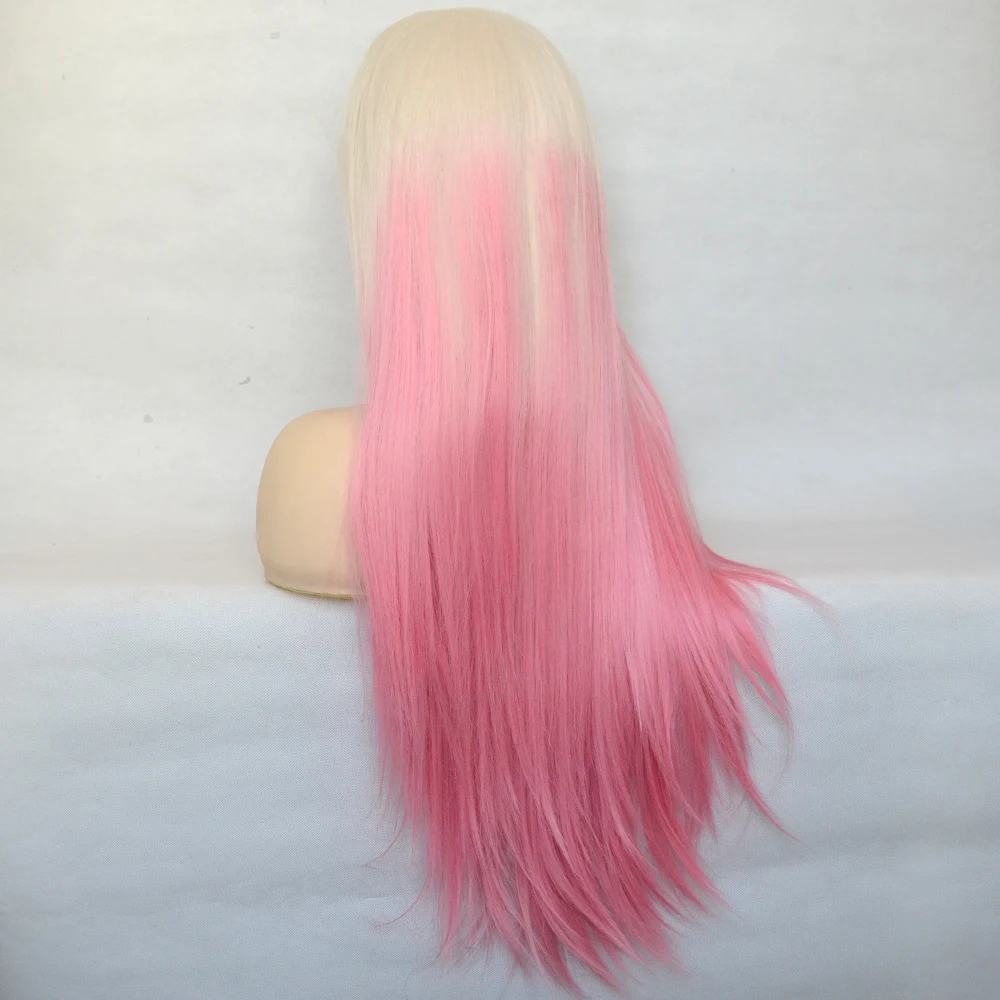 Voguequeen Straight Blonde To Pink Ombre Synthetic Lace Front Silky Wig  Heat Resistant Fiber Cosplay For Women