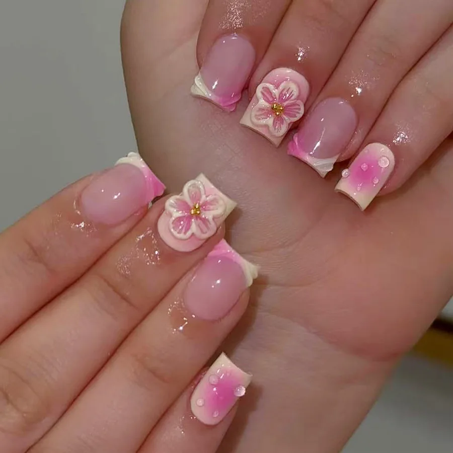 

24Pcs Short Square Head French Fake Nails Press on Pink Smudge 3D Flower Design False Nails Art Detachable Full Cover Nails Tips
