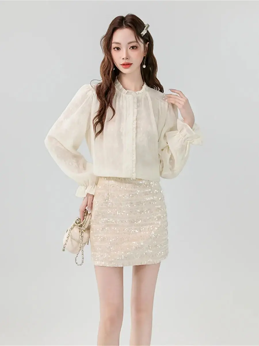 

High Quality Autumn Two Piece Sets For Women Sweet Lace Splice Chiffon Shirt and Sequins Mini Skirt Suits Female Ensemble Femme