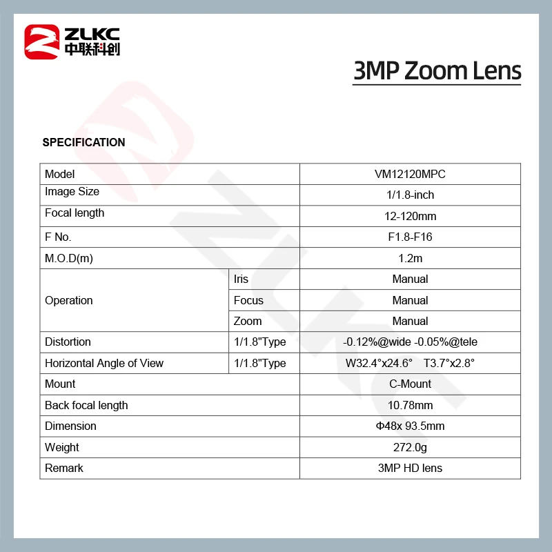 ZLKC 3Megapixel 12-120mm Lens Varifocal CCTV Manual Iris F1.8 C Mount 1/1.8 Inch For IP Cameras Lens Low Distortion FA 3MP Zoom