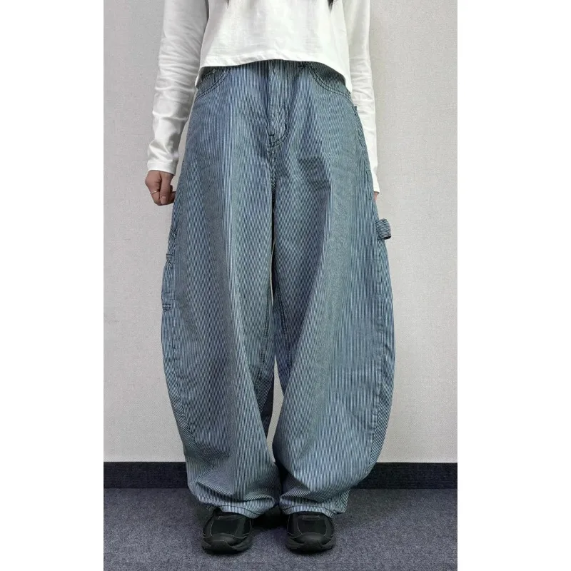 Blue Workwear Style High Waist Wide Leg Jeans Side Pocket Design Vertical Stripes Casual Cotton Denim Pants for Women