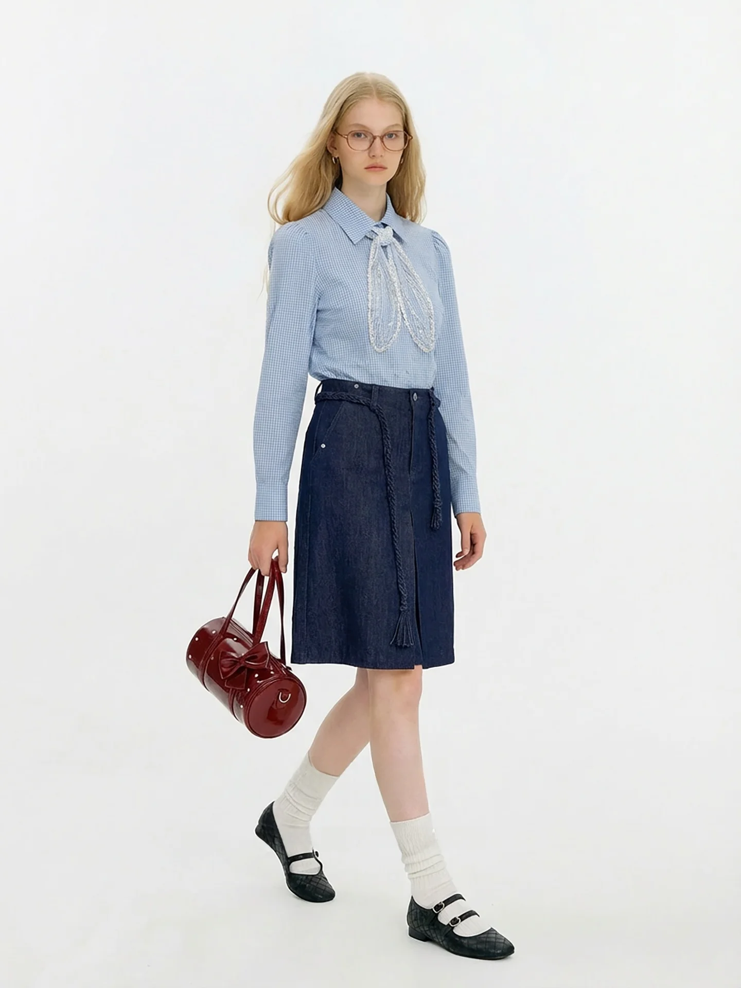 

AHMI College Style Plaid Bubble Sleeve Shirt Women's Bow Tie Personality Denim Skirt Set Casual Loose Long Sleeve Shirt