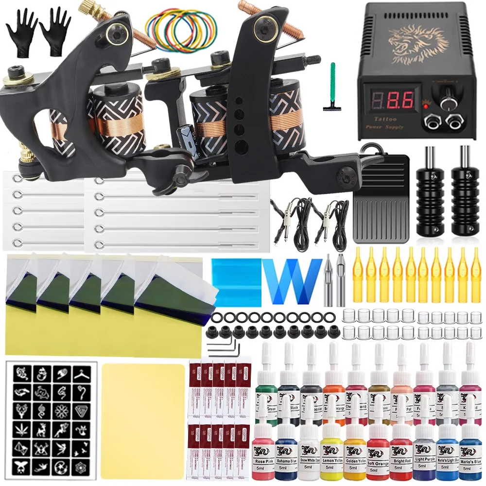

Набор катушек для тату-машины, блок питания для шейдерной машины, чернила с иглами для татуировки, набор аксессуаров для татуировки, набор для начинающих