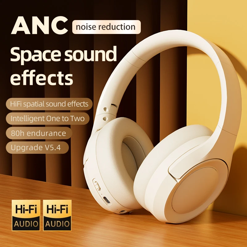 

ANC Active Noise Cancelling Over-Ear Wireless Bluetooth Headphones Head Mounted Foldable Earphones With Microphone Low Latency