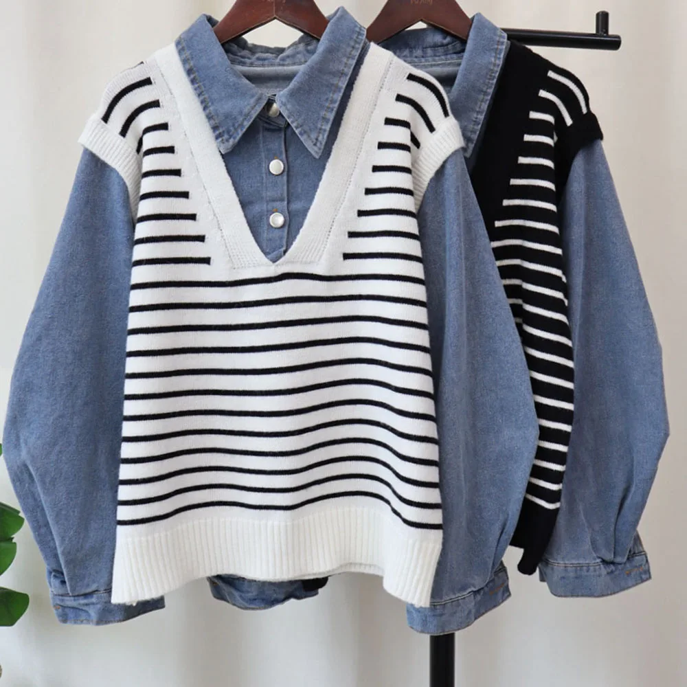 

Трикотаж в полоску, джинсовый топ для женщин, контрастный цвет, осень-зима, новое корейское издание, свободный повседневный отложной свитер