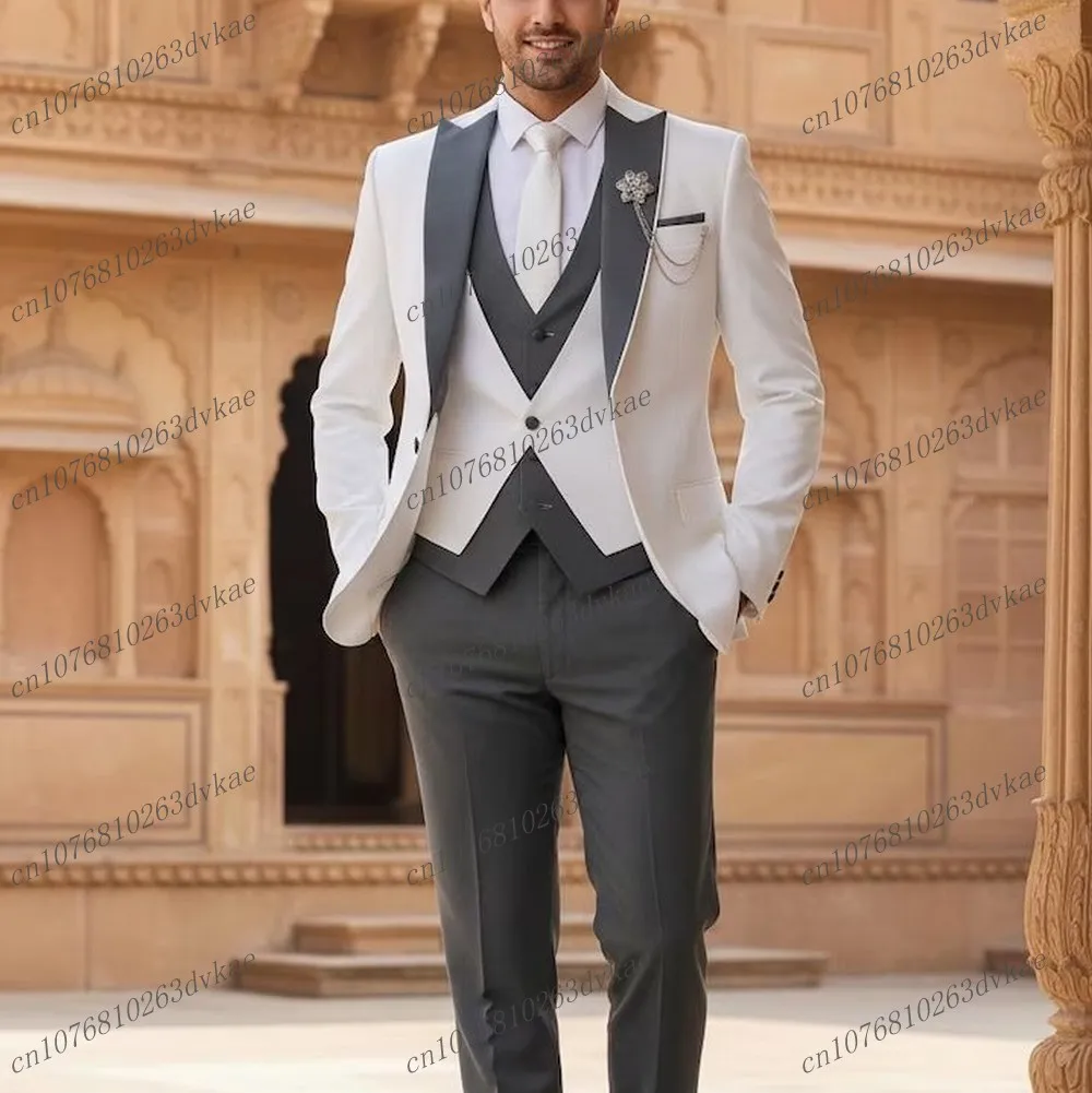 

White And Grey Men Suit Wedding Party Formal Groom Groomsman Prom Business Male Tuxedos 3 Piece Set Jacket Vest Pants