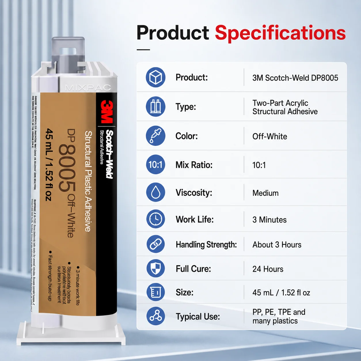 Original 3M DP8005 Scotch-Weld Structural Plastic Adhesive 45ml Acrylic Glue for Low Surface Energy Plastic Off White