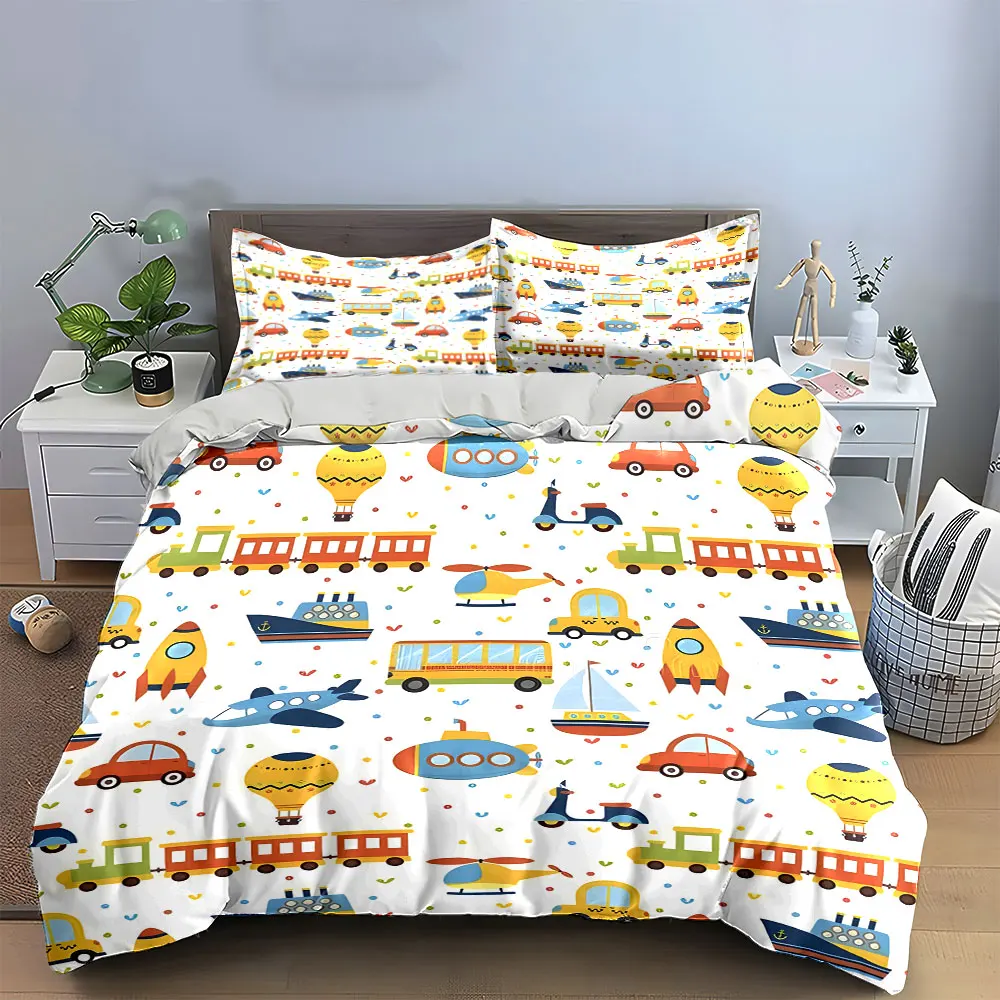 Transportation Pattern Three-Piece Set Soft Skin-Friendly Bedding Set Includes 1 Duvet Cover And 2 Pillowcase, Gift