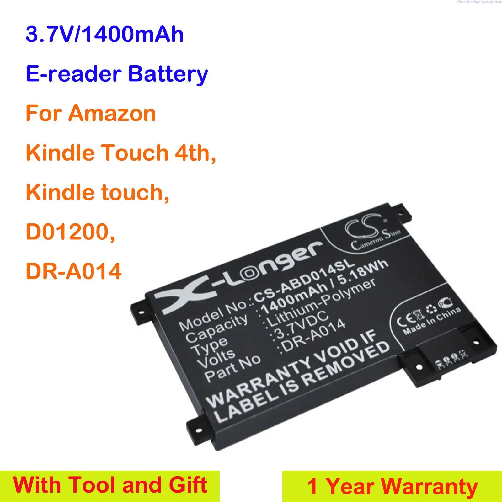 

Cameron Sino 1400mAh E-book, E-reader Battery DR-A014, MC-354775 for Amazon D01200, DR-A014, Kindle touch, Kindle Touch 4th