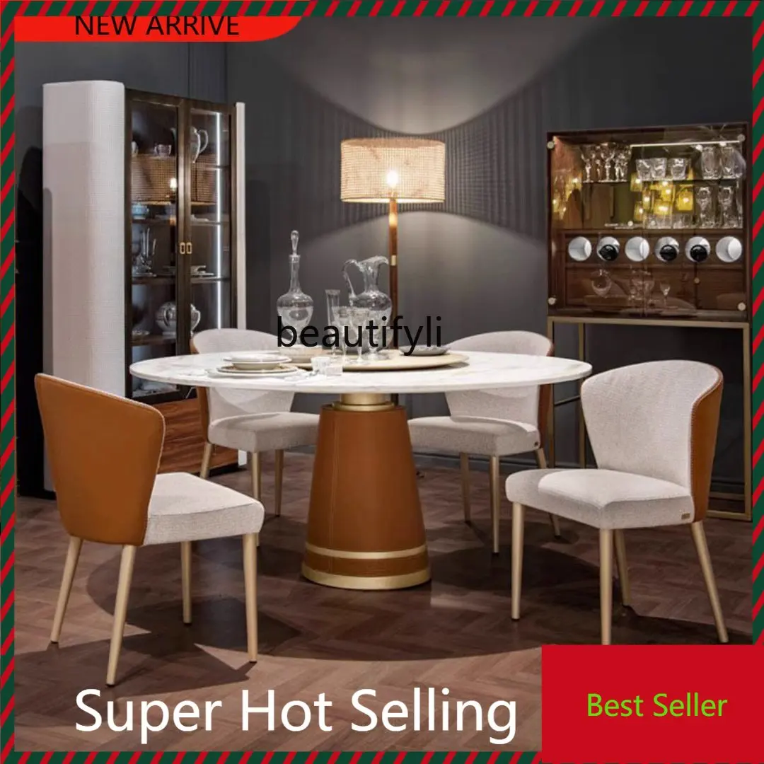 

G1218 Mild Luxury Marble round Dining Table High-End Home Dining Table Living Room with Turntable Stainless Steel Dining Bench G