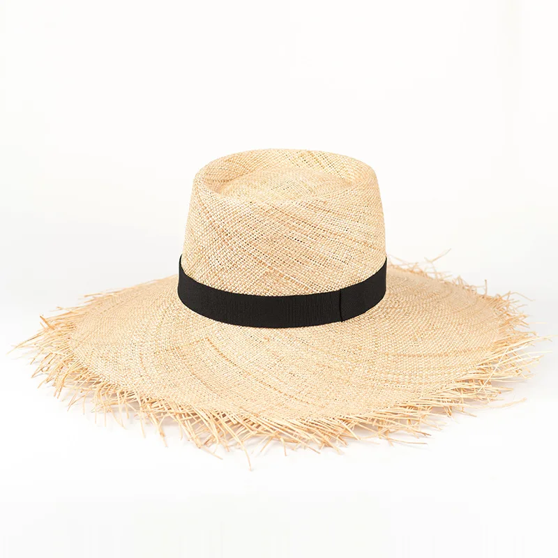 X430 Wide Brim Summer Sun Hat Raw Brim Ribbon Flat Top Sun Beach Caps Outdoor Beach Tourism Sunscreen Straw Hat Panama Caps