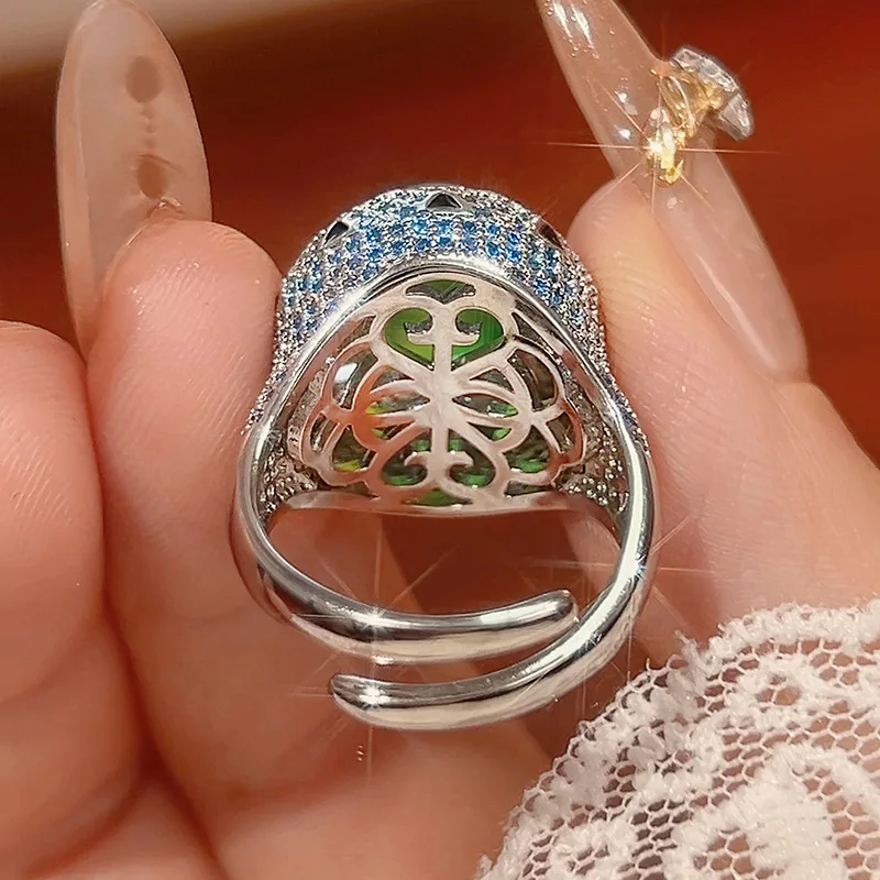 Adjustable Statement Ring with Oval Cut Red Green Gemstone Blue CZ Accents Vintage Inspired Design Women's Luxury Party Jewelry