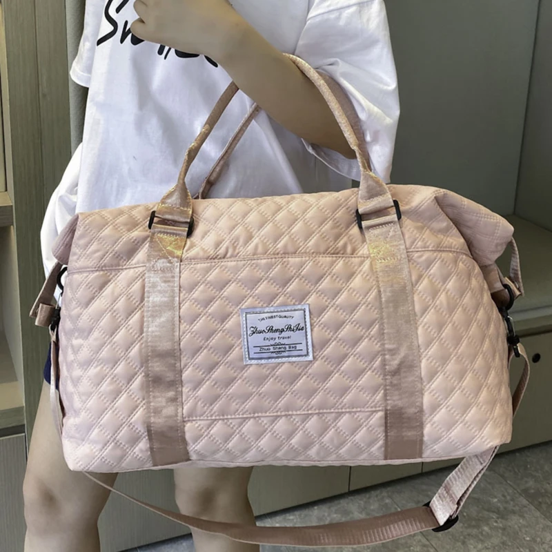 Bolso de viaje plegable para mujer, bolsa de algodón acolchada para gimnasio, Yoga, bolsa de lona rosa, Bolso de mano de separación en seco y húmedo