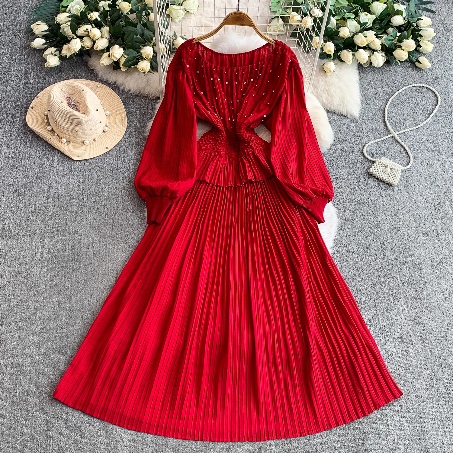 ชุดเดรสวินเทจประดับลูกปัด จับจีบ ดีไซน์หรูหรา สไตล์แฟรี่ แฟชั่นเกาหลี ชุดเดรสลำลองสำหรับฤดูใบไม้ร่วง เสื้อผ้าผู้หญิง