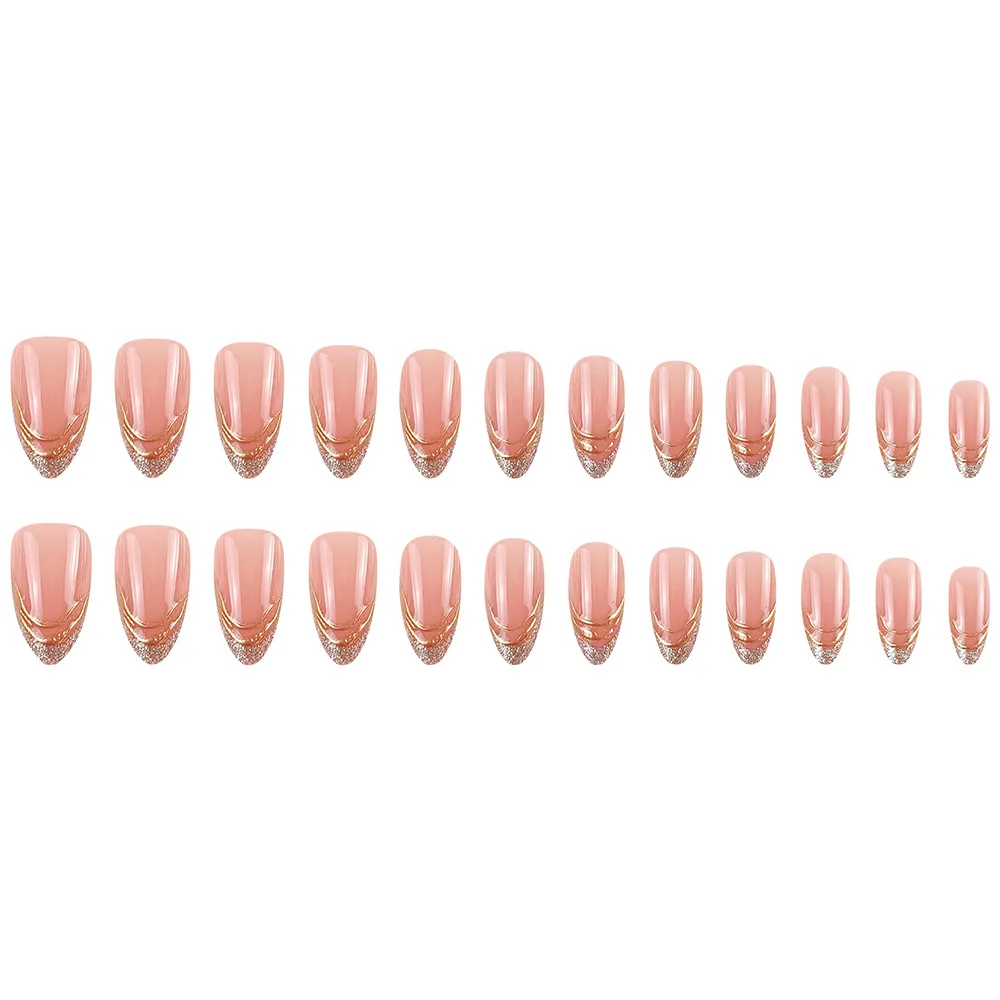 เล็บปลอมอะคริลิคทรงอัลมอนด์แฟชั่น 24 ชิ้น สำหรับสาวๆ ลายเส้นทอง 3 มิติ กลิตเตอร์แบบฝรั่งเศส พร้อมกาวติดเล็บและชาร์มตกแต่ง