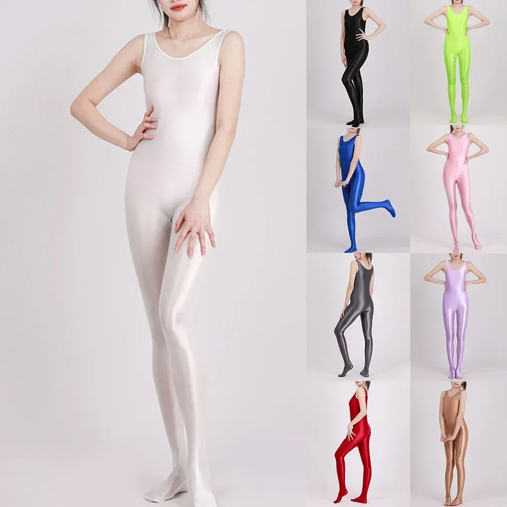 Women Smooth Jumpsuit Full Bodysuit Glossy Stretchy Full Unitard Tights Lingerie