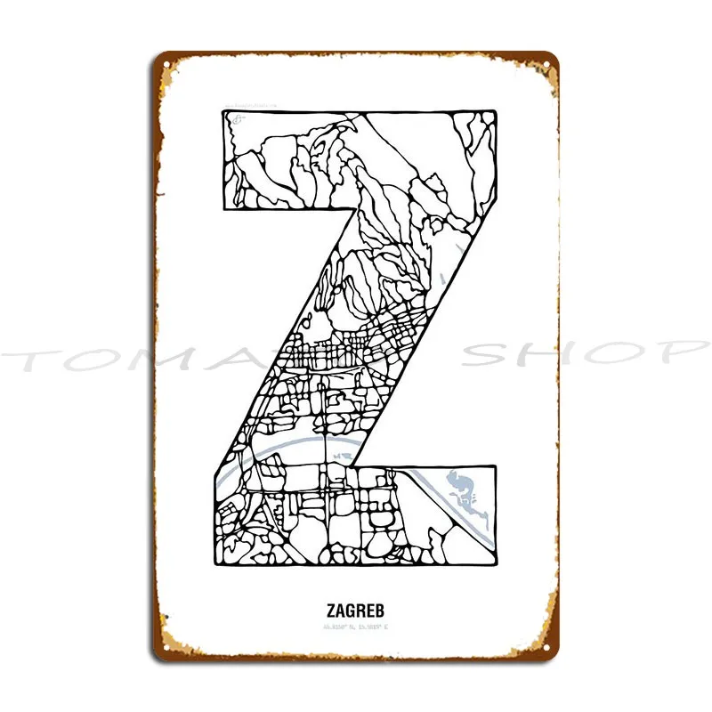 Zagreb Road Map Art Earth Tones Metal Plaque Poster Living Room Designing Pub Vintage Customize  Tin Sign Poster