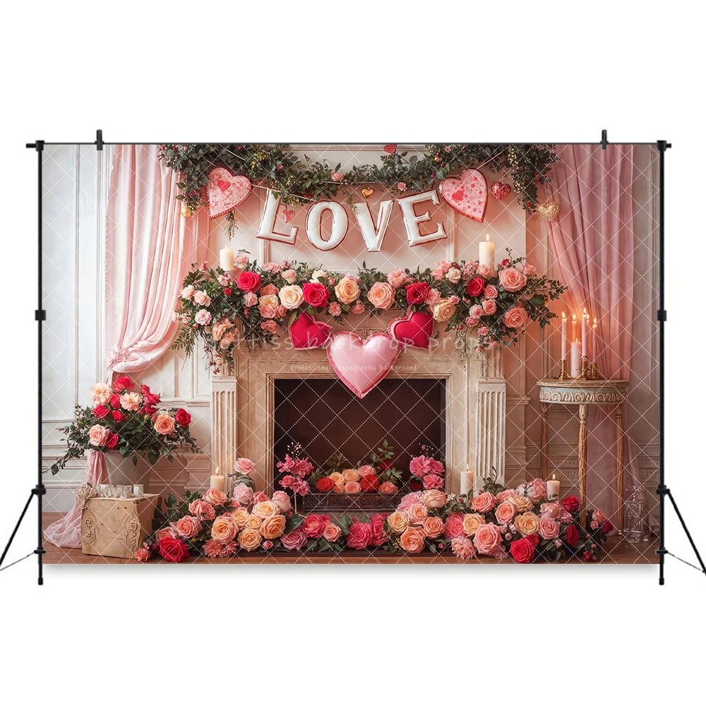 Valentines Day Pink Boho Kitchen Backdrops Kids Adult Photography Baby Floral Fireplace Cabinet Red Balloons Windows Background