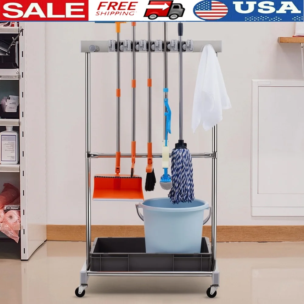 

Garden Tool Storage Rack with Wheels 10 Slot Organizer 24 Hooks Heavy Duty Garage Tool Holder