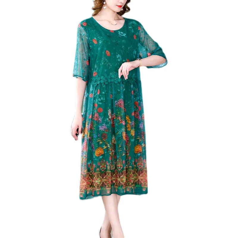 ZUOMAN Vintage 5XL Plus Size Midi Dress Green Summer Loose Floral Mulberry Silk Dress Women Elegant Bodycon Party Vestido