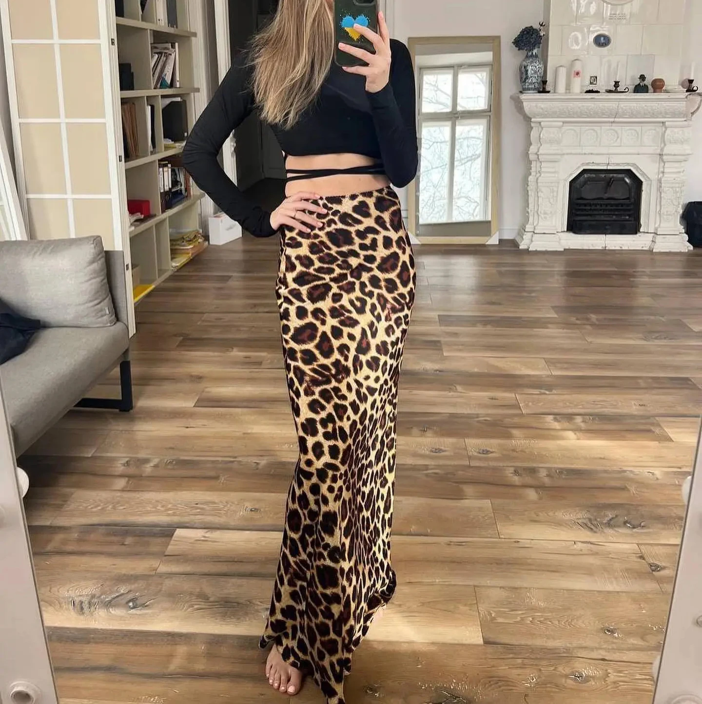 

Spring New Arrival High Waist Slimming Sexy f-length Satin Feel Leopard Print Skirt Women's Sle Commute A-Line Long Skirt