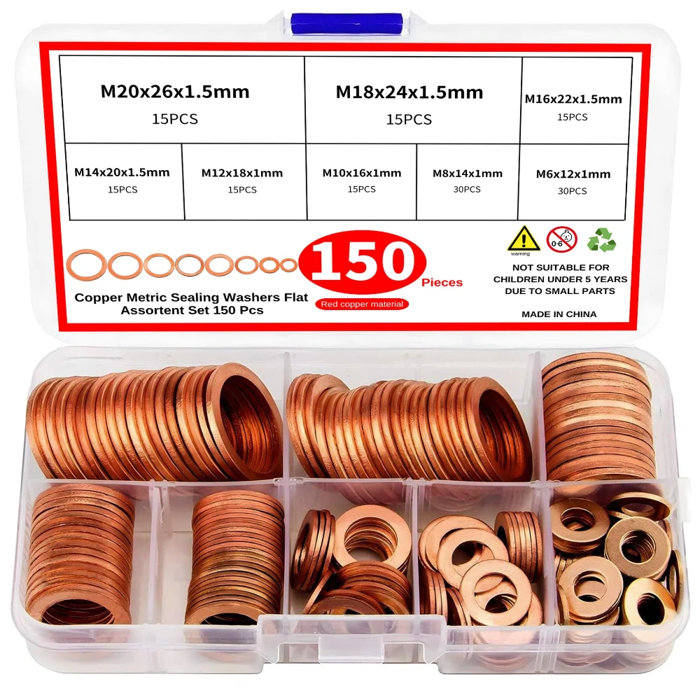 

100pcs Flat Copper Washers Set for drain oil plug,Copper Crush Washers Gasket Sealing ring Assortment Kit,M6/M8/M10/M12/M14-M20