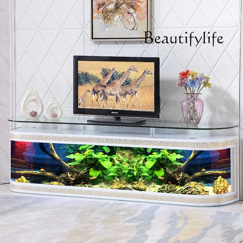 خزانة تلفزيون XX، خزان ذهبي، أرضية متوسطة وكبيرة، طاولة قهوة مستديرة مزدوجة ضد حوض السمك الزجاجي الإبداعي #1