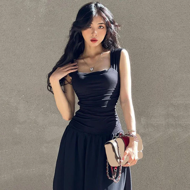 Black Wide Strap Maxi Dress for Women Summer Elegant Temperament High-Waist Party Long Dresses Sexy Ruched Bodycon Midi Dress - Image 5