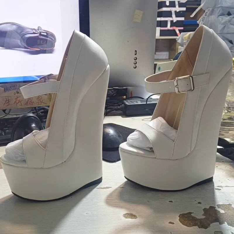 

SHOFOO Sexy high heels. Customized black (white) matte leather wedge shoes. About 20 cm heel height. Peep toe high heels.34-46