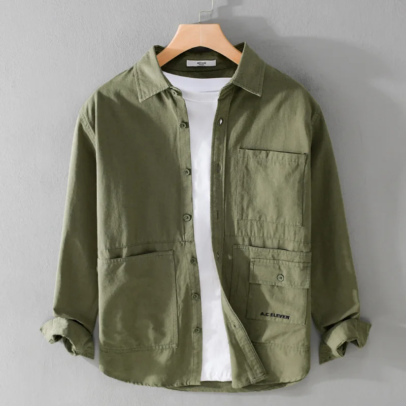 Spring Fall New Mens Long Sleeve Shirt Multi-pockets Cargo Shirt Men Pure Cotton Green Shirts Japanese Style Casual Man Jackets