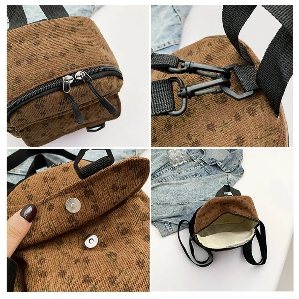 Fashion Mini Travel Backpack Adjustable Shoulder Strap Corduroy Small Backpack Flower Pattern Students Schoolbag Women
