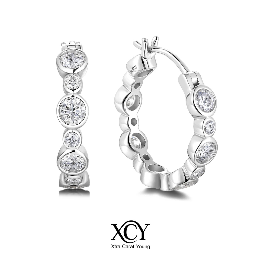 XCY D Color VVS1 Moissanite Hoop Earrings for Women Party Trendy Jewelry 925 Sterling Silver Sparkling Diamond Huggie Earrings