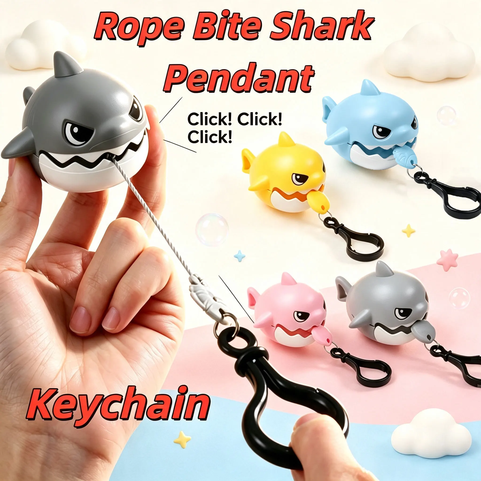 1/8pcs Creative Fun Pull Line Nibbling Shark Keychain For Children Cartoon Eating Small Fish Keyring Car Bag Small Pendant Gift