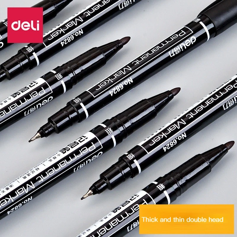 Deli-Waterproof Dual Tip Permanent Markers, Art Marker Canetas para a Escola, Escritório Papelaria, Preto, Fine Point, 0.5mm, 1.0mm Nib, 1 Pc, 3Pcs